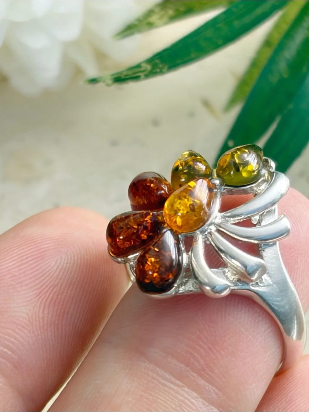 Estate Sterling Silver 925 Amber Cluster Ring Size 7.5 7 1/2 Pear Multicolored